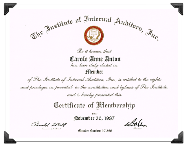 Internal Audit Certificate Carole Anton